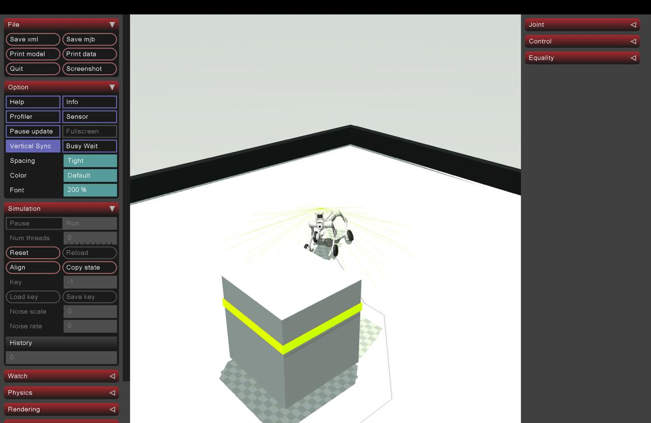 Close view of a Unitree robot approaching an obstacle in MuJoCo