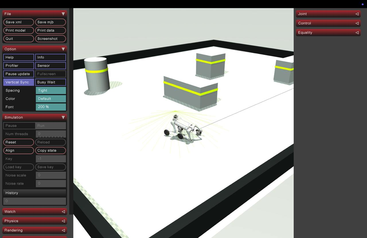 Unitree robot navigating a MuJoCo obstacle course